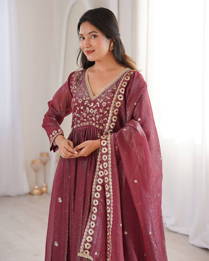 Womenline Dusty Maroon Color Crunchy SilkThree Piece Anarkali Suit