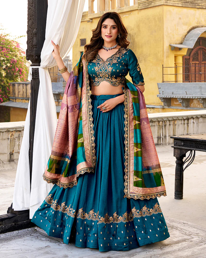 Womenline Designer Firozi Color Vichitra Silk Embroidered Lehenga Choli