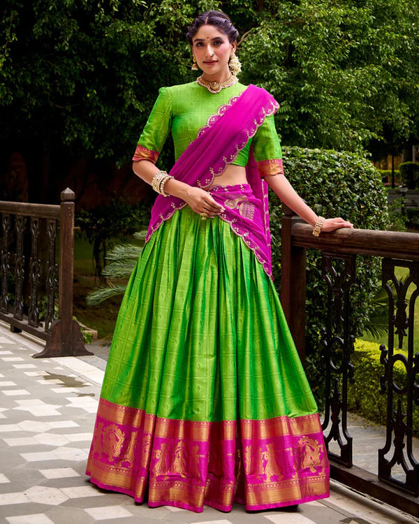 Womenline Parrot Green Color Poly Cotton Half Saree