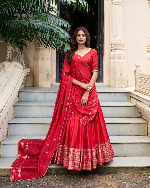 Womenline Red Color Pure Chanderi Plain Navratri Half Saree