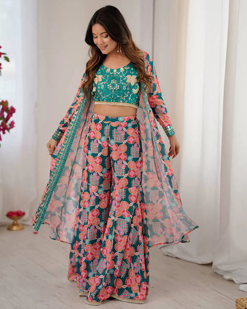 Womenline Bottle Green Color Muslin Cotton Printed Plazzo Suit