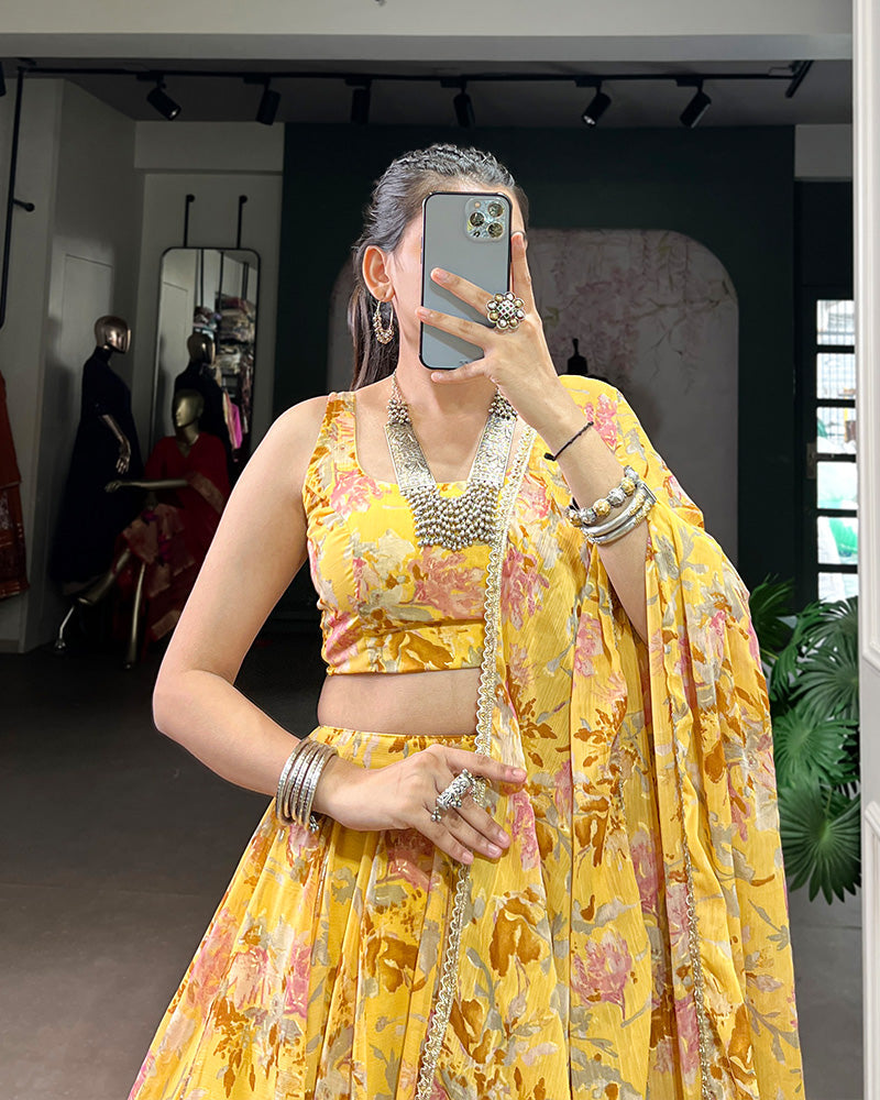 Womenline Yellow Color Chiffon Printed Lehenga Choli