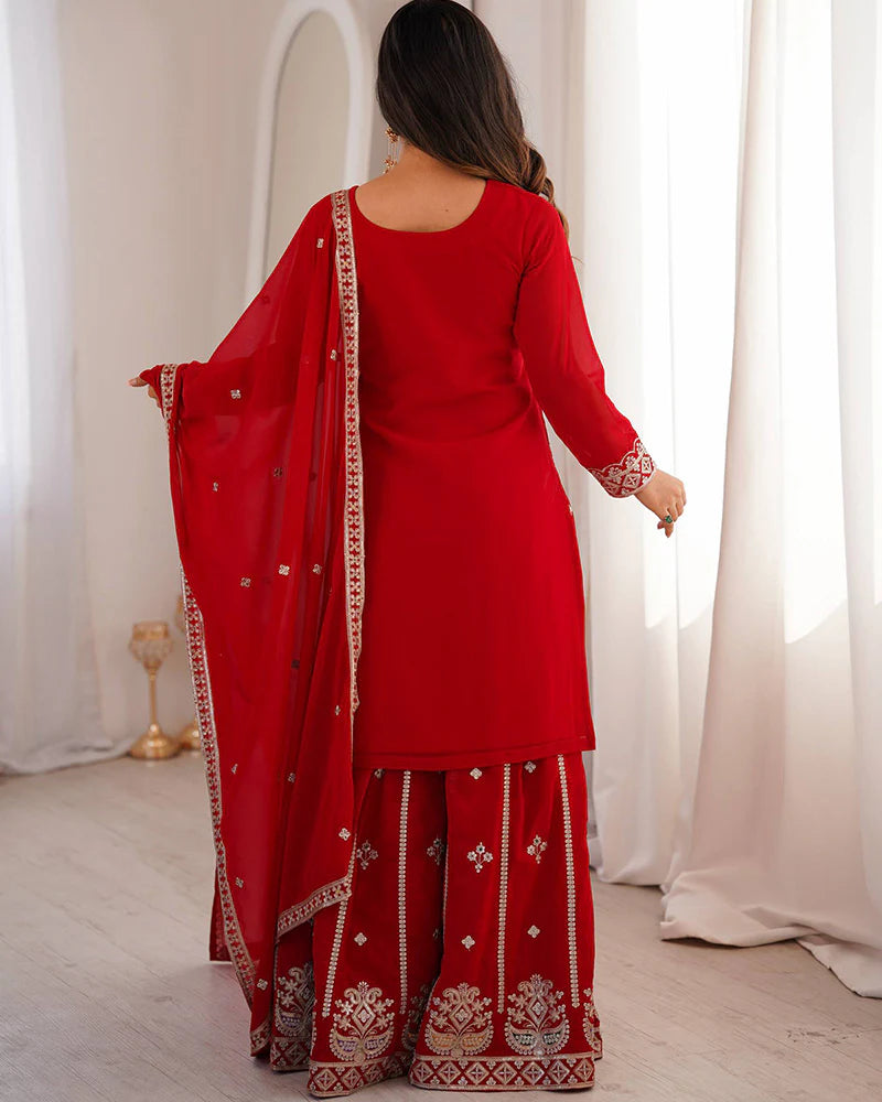 Womenline Royal Red Color Faux Georgette Embroidered Plazzo Suit