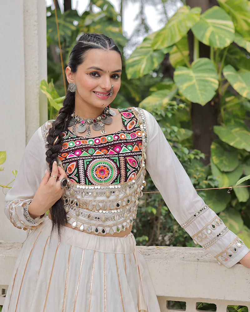 Womenline Off-White Color Roman Silk Navratri Lehenga Choli