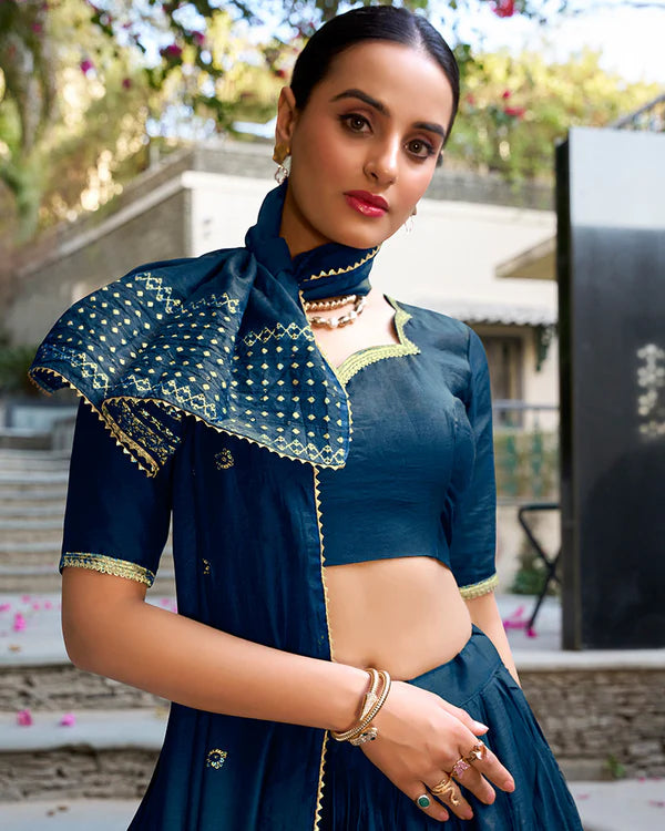 Womenline Navy Blue Color Pure Chanderi Plain Navratri Half Saree