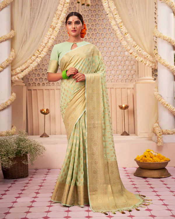 Womenline Pista Color Banarasi Jacquard Soft Silk Saree