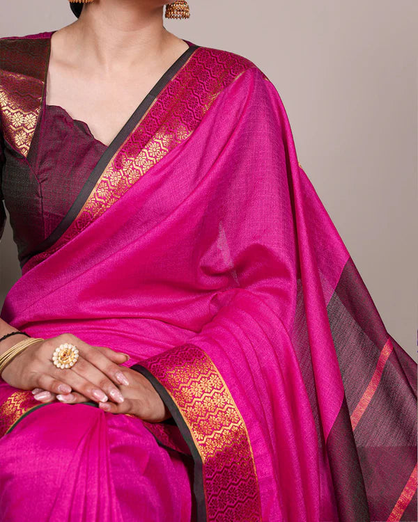 Womenline Rani Pink Color Zari Weaving Poly Cotton Saree