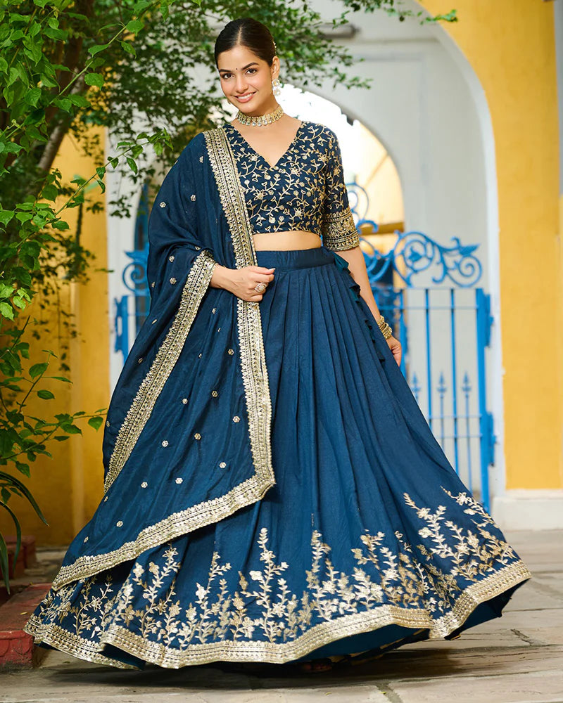 Womenline Rama Color Vichitra Silk Thread Embroidered Lehenga Choli