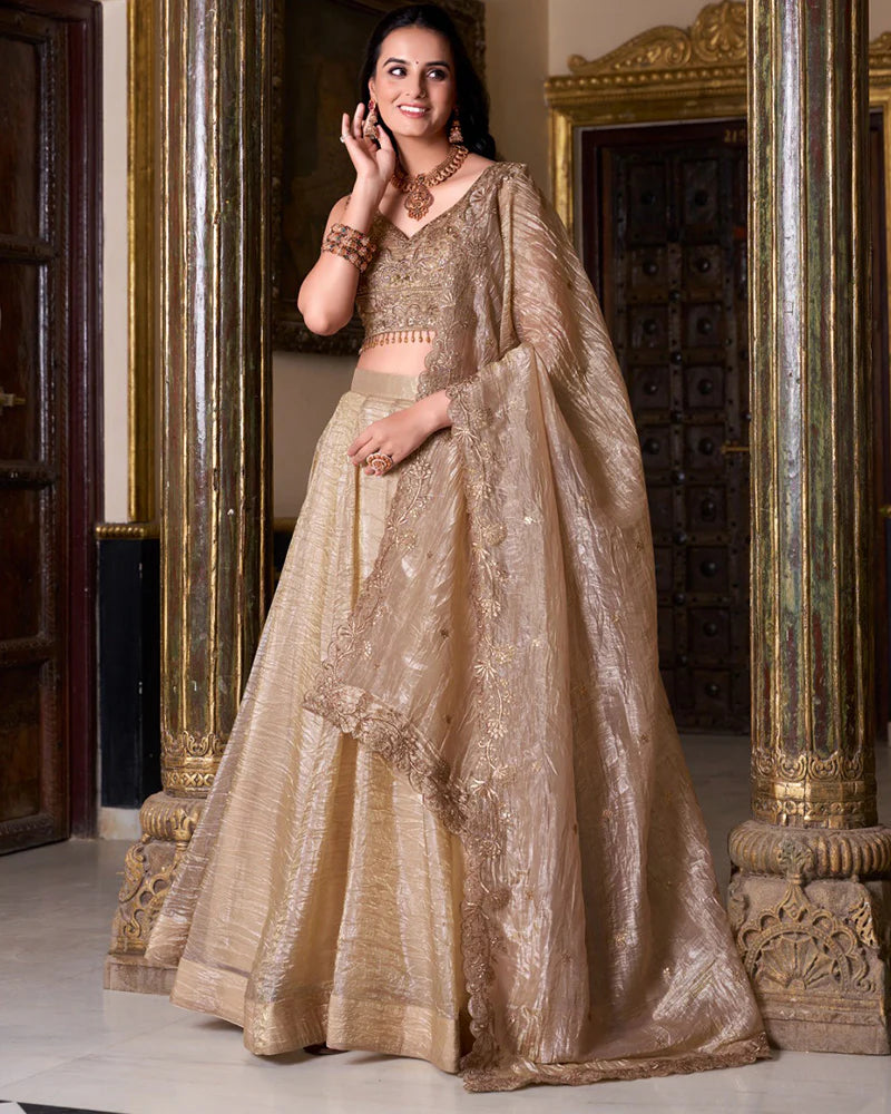 Womenline Chikoo Color Gold Crush Lehenga Choli