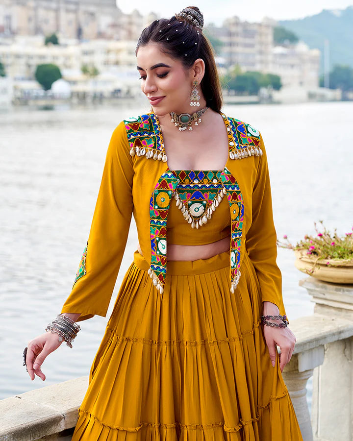 Womenline Elegant Mustard Color Pure Rayon Navratri Lehenga Choli