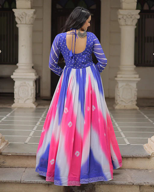 Womenline Blue Color Faux Georgette Bandhej Print Navratri Gown