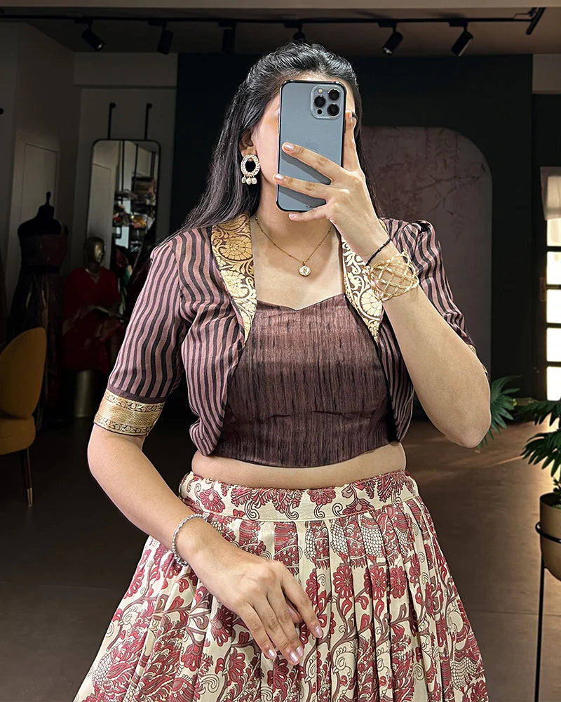 Womenline Brown Color Tasar Silk Viscose Printed Lehenga Choli