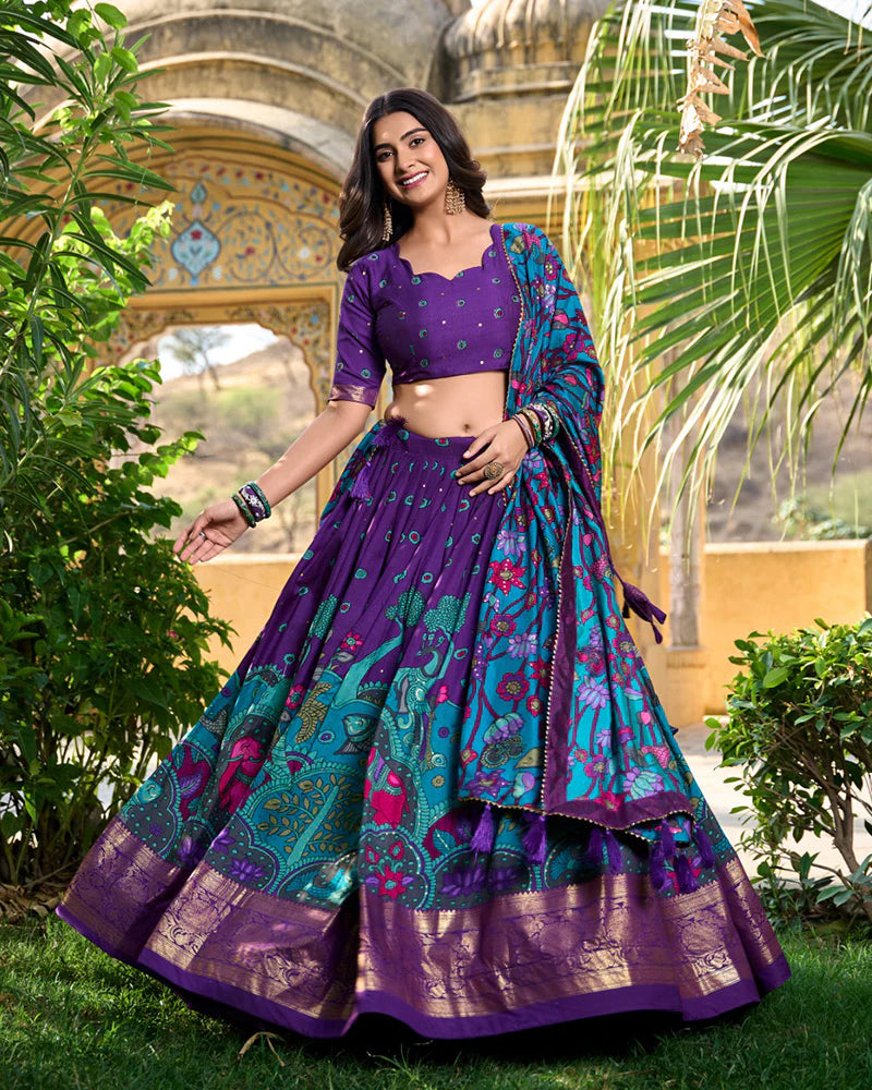Womenline Purple Color Tussar Silk Kalamkari Printed Navratri Lehenga Choli