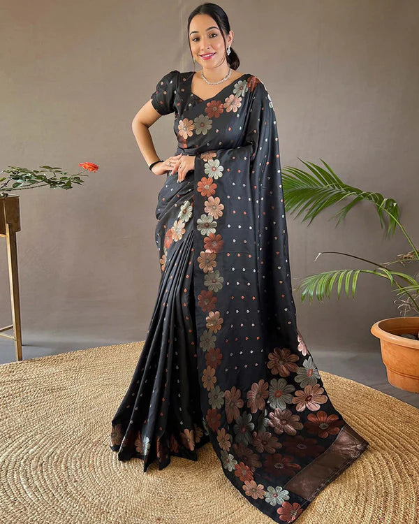 Womenline Jacquard Design Black color Soft Lichi Silk Saree