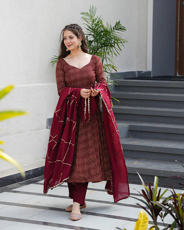 Womenline Maroon Color Pure Cotton Ajrakh Print Anarkali Suit