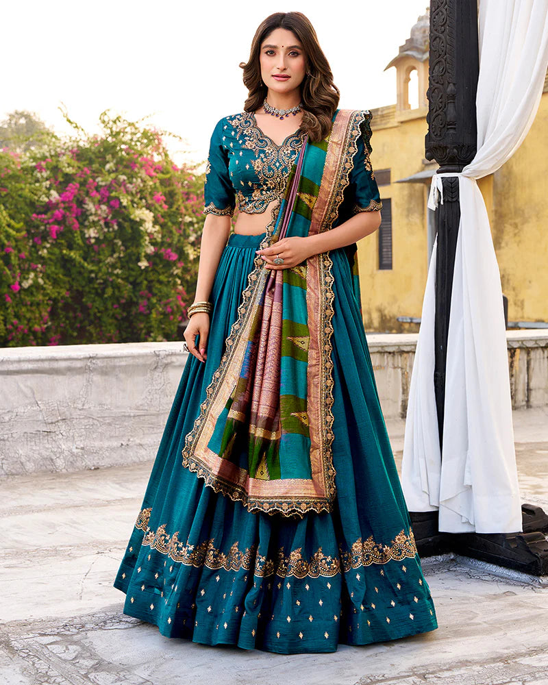 Womenline Designer Firozi Color Vichitra Silk Embroidered Lehenga Choli