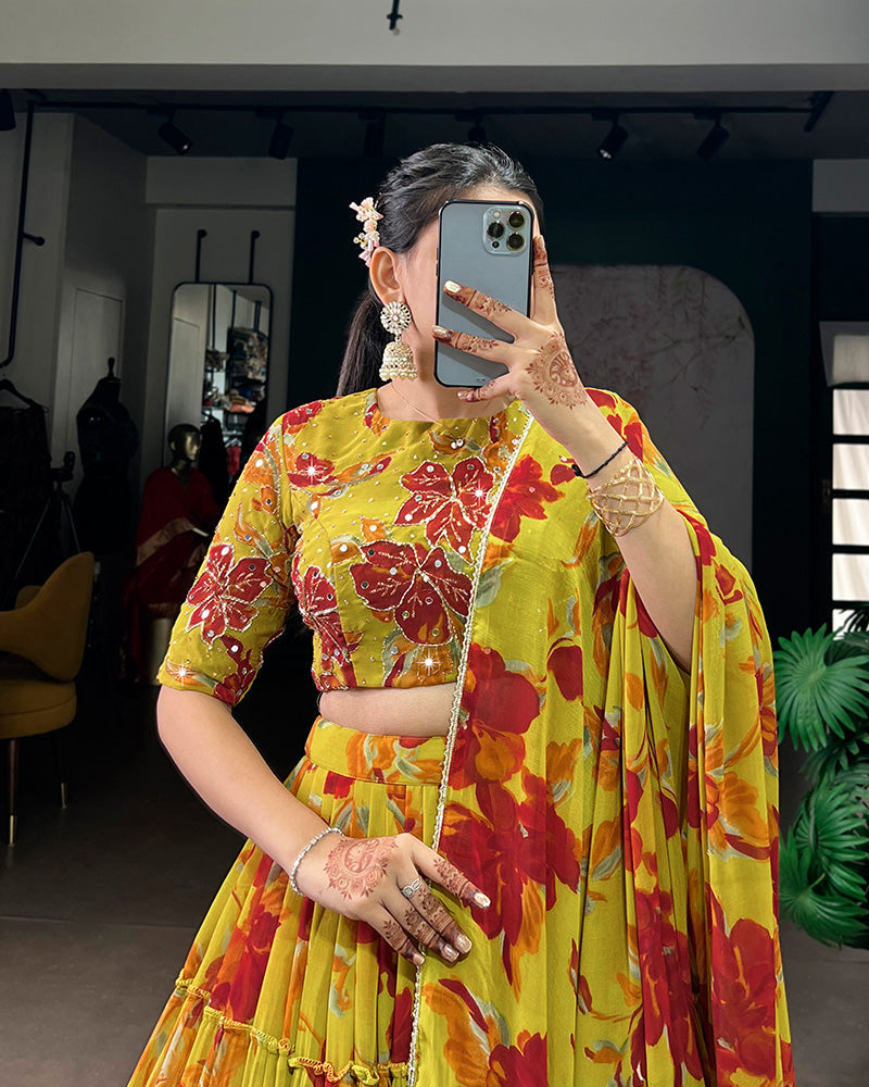 Womenline Olive Yellow Color Marble Floral Printed Lehenga Choli