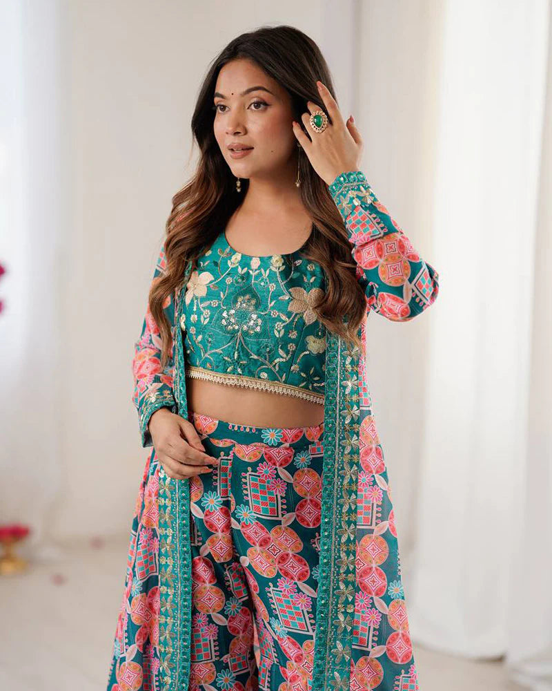 Womenline Bottle Green Color Muslin Cotton Printed Plazzo Suit