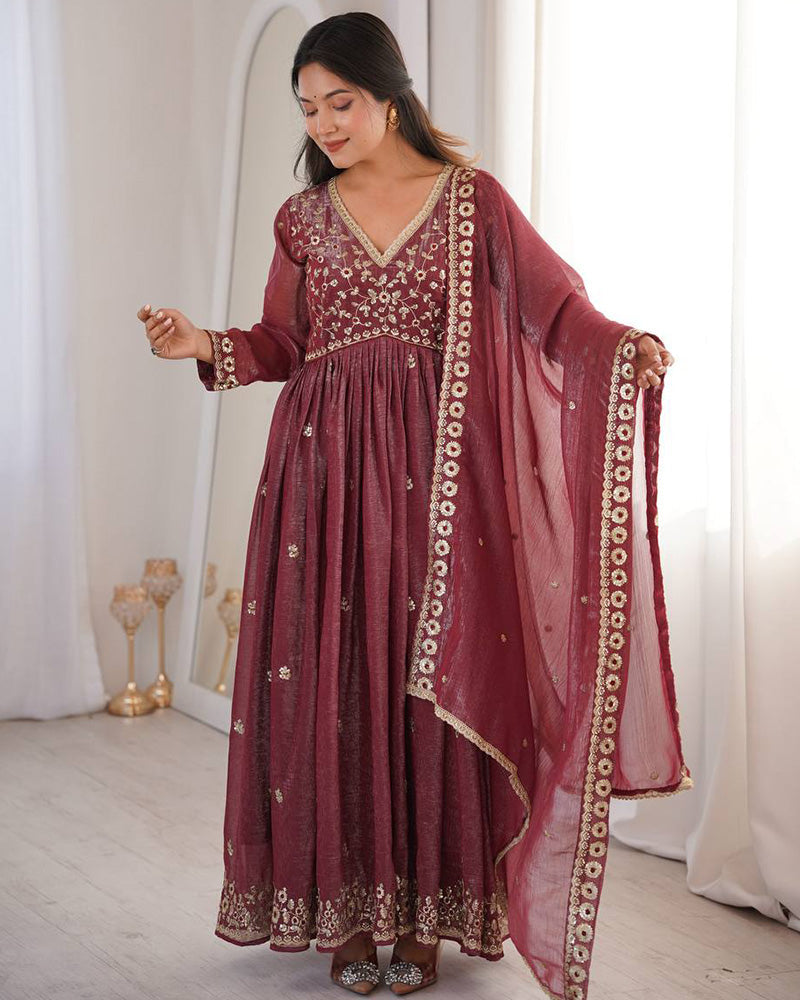 Womenline Dusty Maroon Color Crunchy SilkThree Piece Anarkali Suit