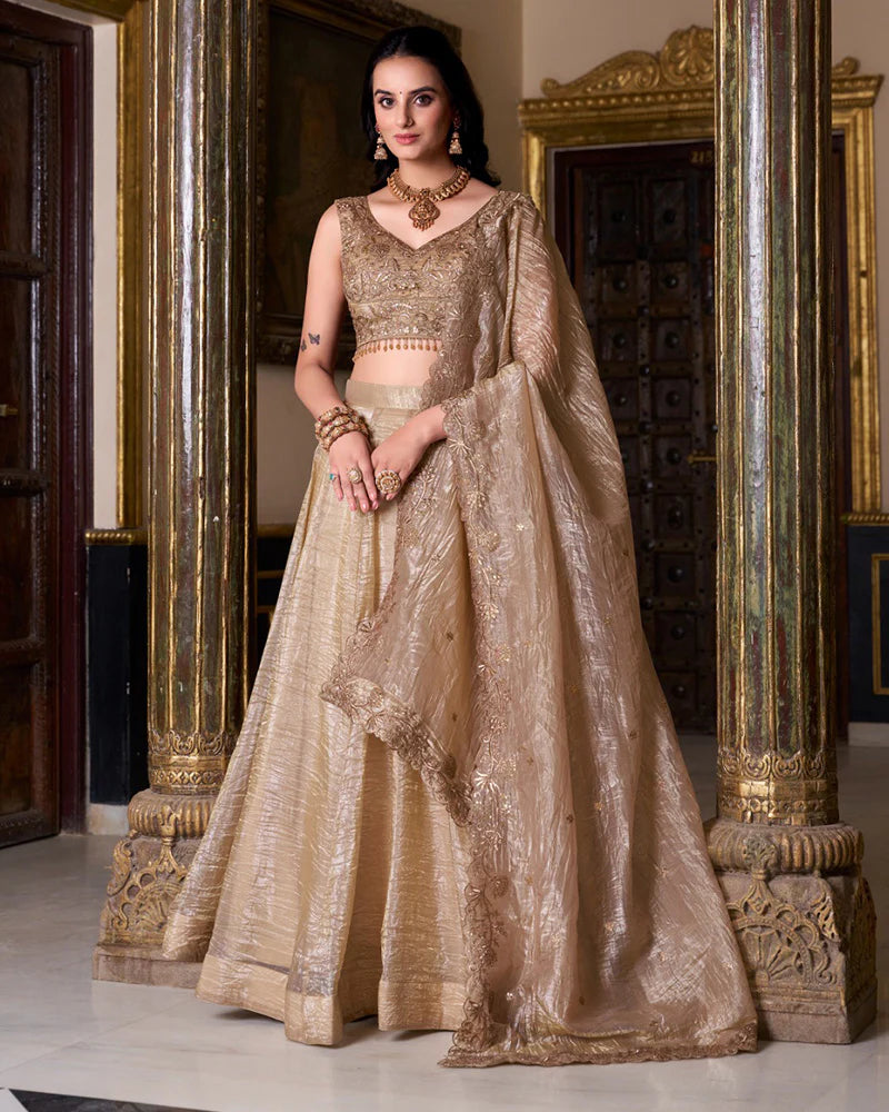 Womenline Chikoo Color Gold Crush Lehenga Choli
