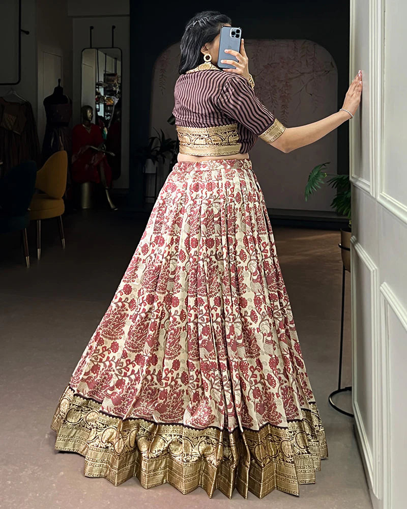 Womenline Brown Color Tasar Silk Viscose Printed Lehenga Choli