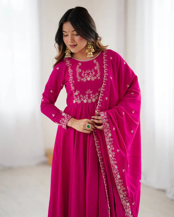 Womenline Rani Pink Color Chanderi Silk Three Piece Anarkali Suit