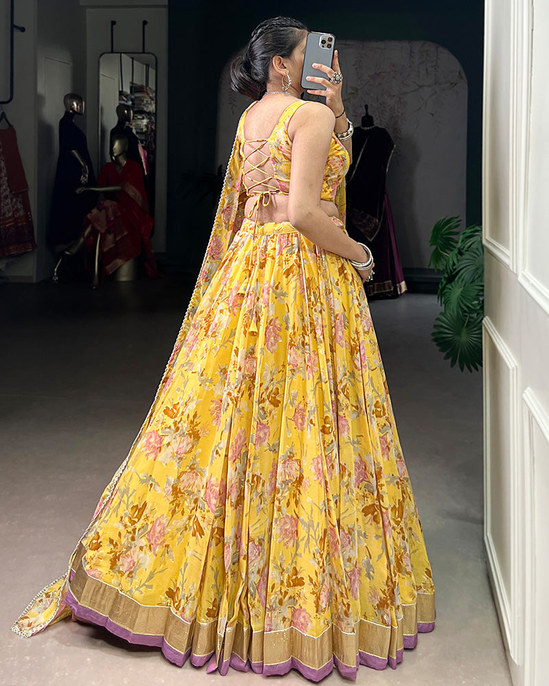 Womenline Yellow Color Chiffon Printed Lehenga Choli