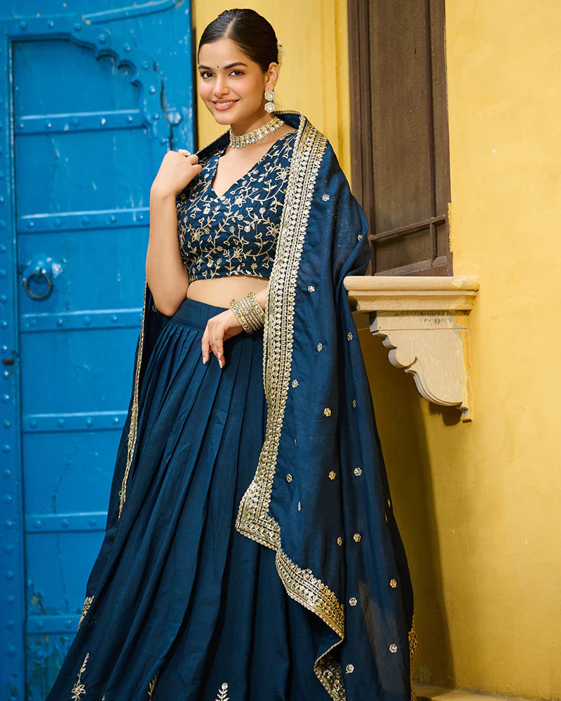Womenline Rama Color Vichitra Silk Thread Embroidered Lehenga Choli