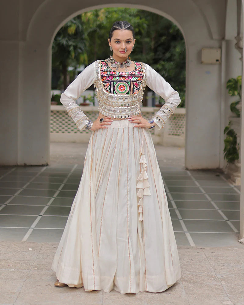 Womenline Off-White Color Roman Silk Navratri Lehenga Choli