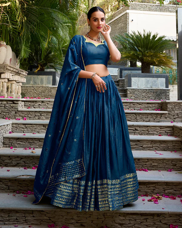 Womenline Navy Blue Color Pure Chanderi Plain Navratri Half Saree