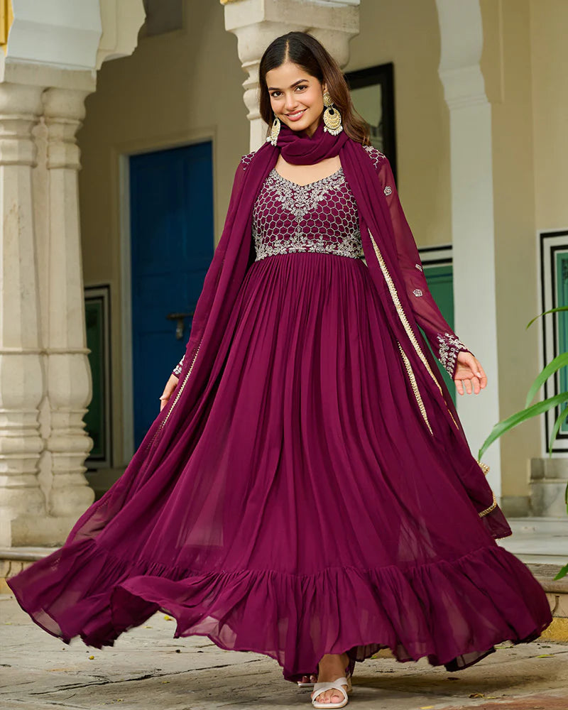 Womenline Wine Color Faux Blooming Beads Embroidered Gown