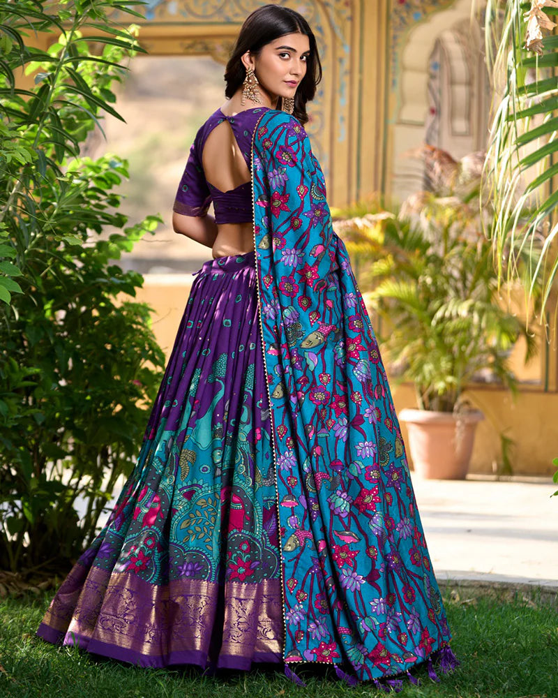 Womenline Purple Color Tussar Silk Kalamkari Printed Navratri Lehenga Choli