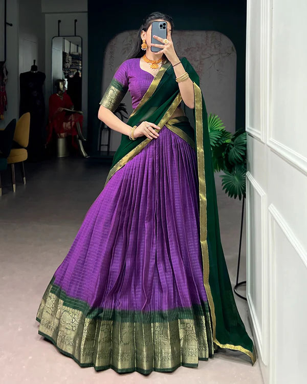 Womenline Purple Color Dola Chex Zari Weaving Half Saree