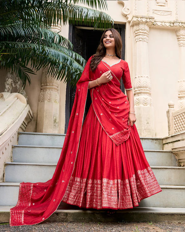 Womenline Red Color Pure Chanderi Plain Navratri Half Saree