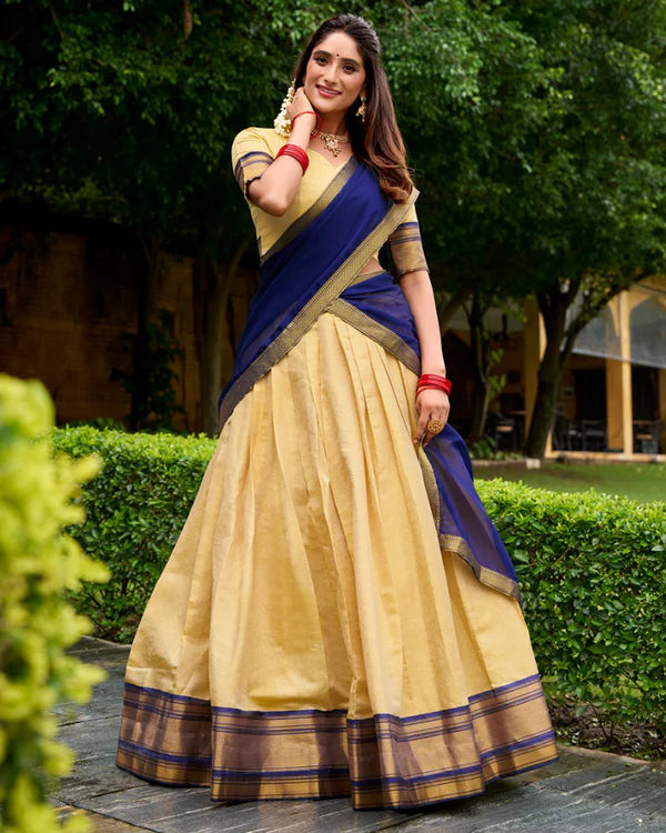 Womenline Traditional Navy Blue Color Kanchipuram Zari Weaving Half Saree
