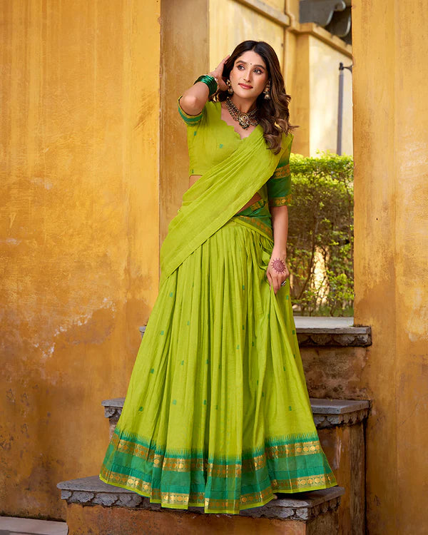 Womenline Elegant Parrot Green Chanderi cotton half saree lehenga choli