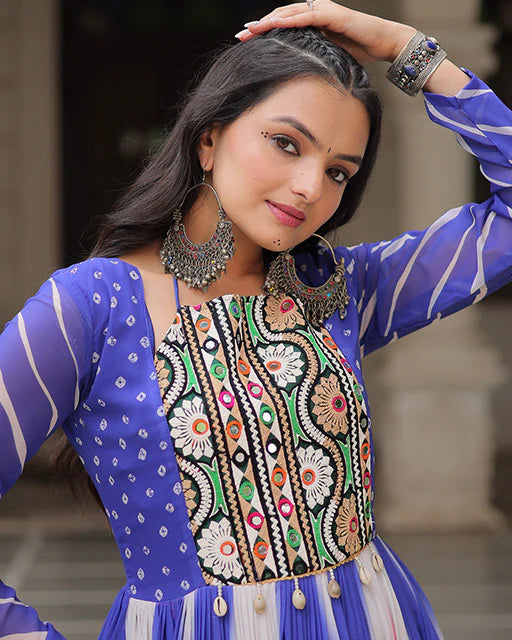Womenline Blue Color Faux Georgette Bandhej Print Navratri Gown