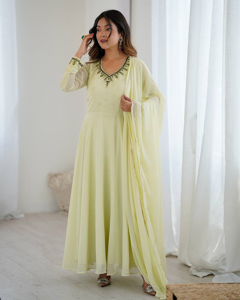 Womenline Pista Color Georgette Three Piece Anarkali Suit