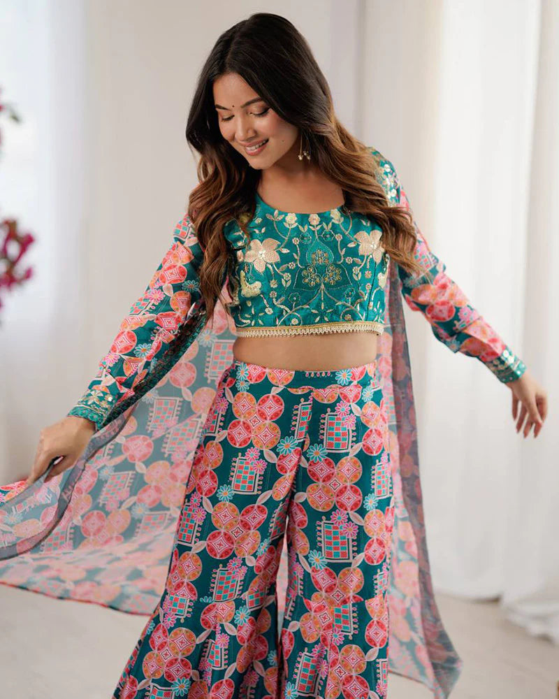 Womenline Bottle Green Color Muslin Cotton Printed Plazzo Suit