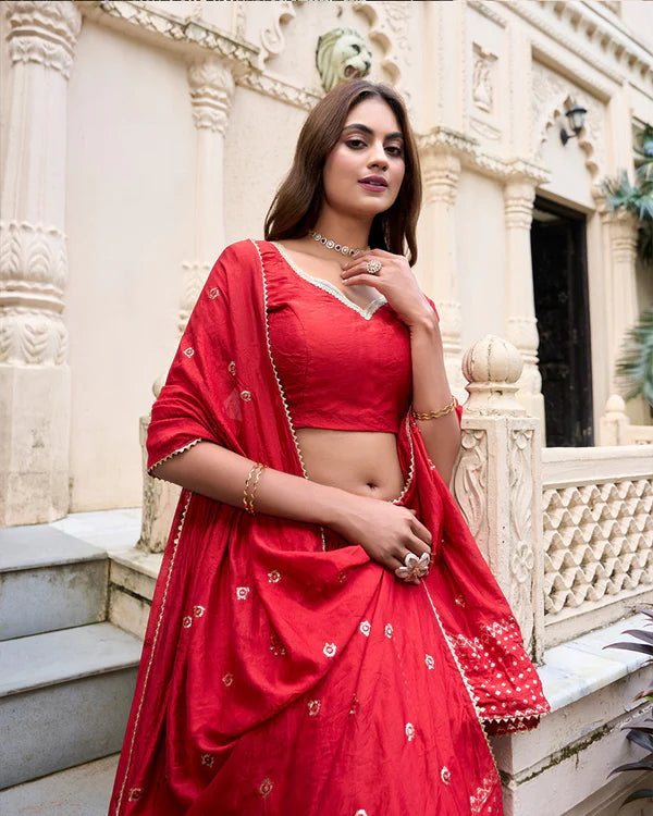 Womenline Red Color Pure Chanderi Plain Navratri Half Saree