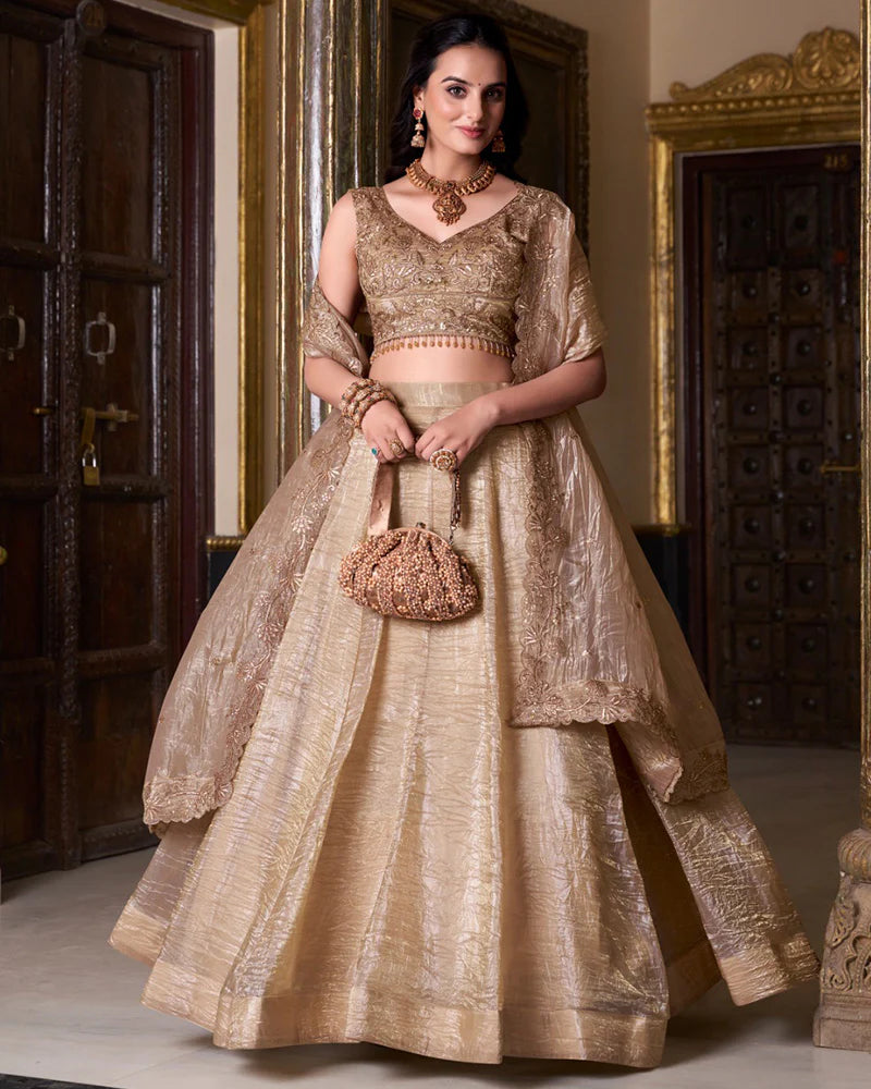 Womenline Chikoo Color Gold Crush Lehenga Choli