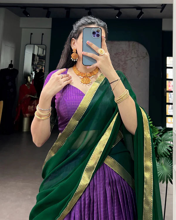 Womenline Purple Color Dola Chex Zari Weaving Half Saree