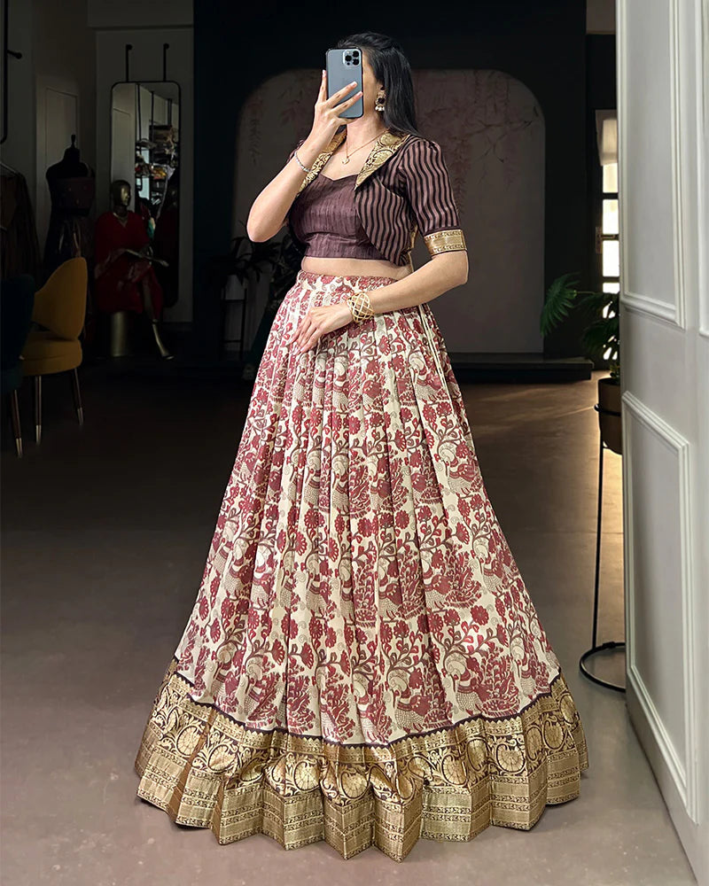 Womenline Brown Color Tasar Silk Viscose Printed Lehenga Choli