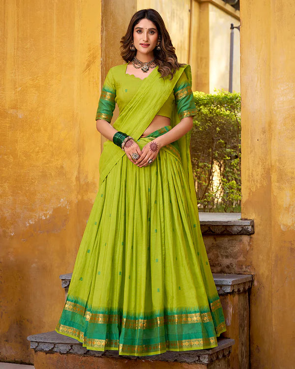 Womenline Elegant Parrot Green Chanderi cotton half saree lehenga choli