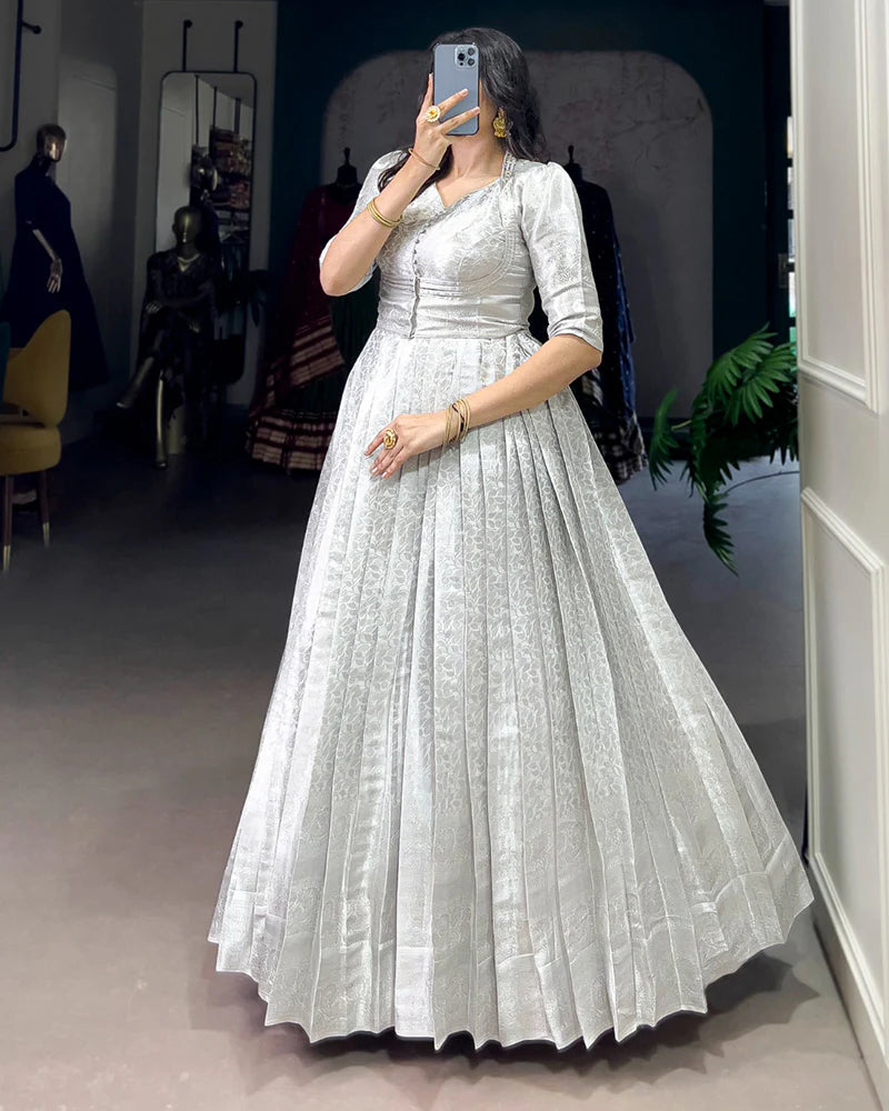 Womenline White Color Kanjivaram Zari Weaving Gown