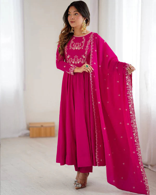 Womenline Rani Pink Color Chanderi Silk Three Piece Anarkali Suit