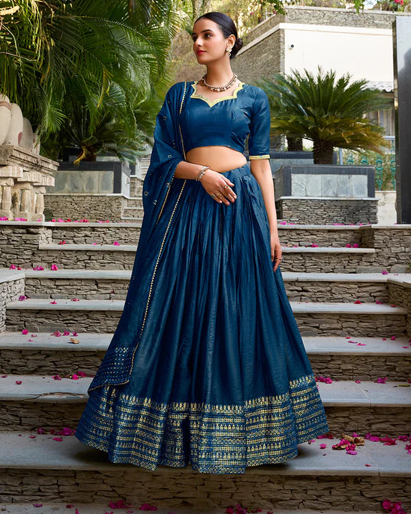 Womenline Navy Blue Color Pure Chanderi Plain Navratri Half Saree