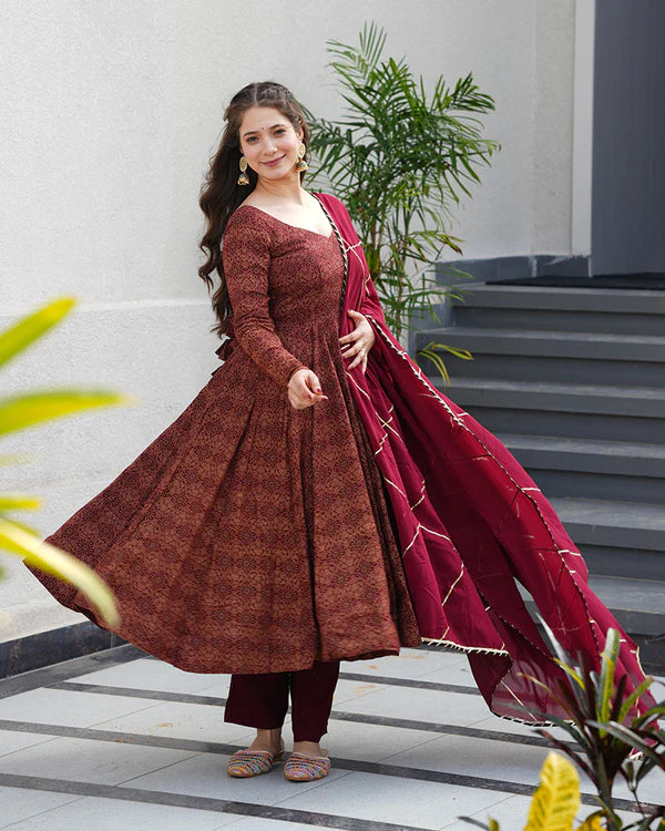 Womenline Maroon Color Pure Cotton Ajrakh Print Anarkali Suit