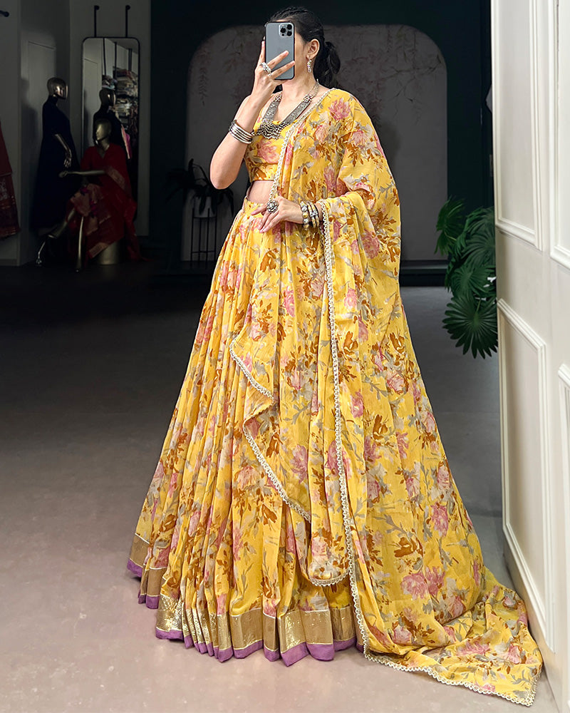 Womenline Yellow Color Chiffon Printed Lehenga Choli