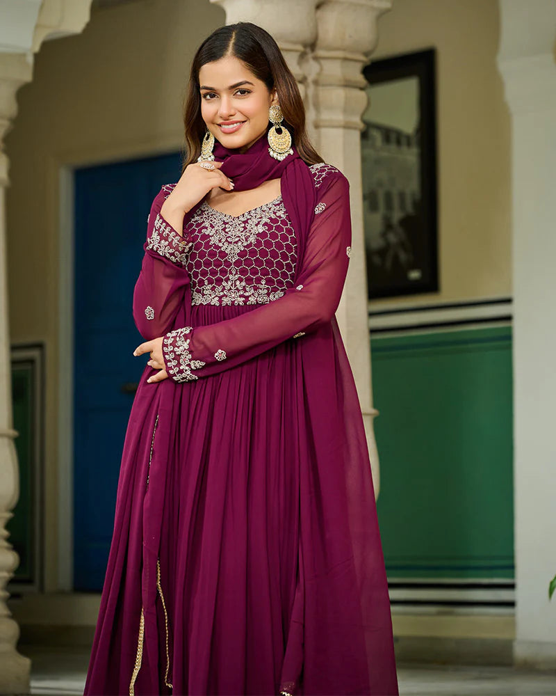 Womenline Wine Color Faux Blooming Beads Embroidered Gown